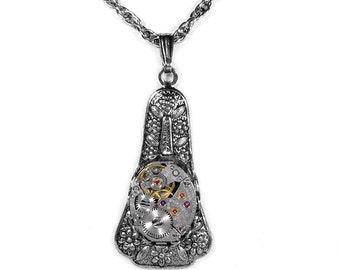 Steampunk Jewelry Necklace Vintage SEIKO Ruby Jeweled Watch Steam Punk Wedding Anniversary Men or Womens Holiday Gift - Steampunk Boutique