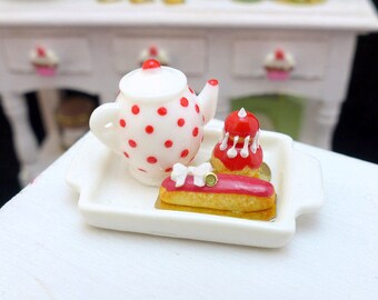 MTO-Tea Tray Set with French Pastries - Strawberry - 12th Scale Miniature Food