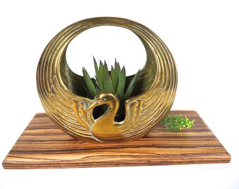 Large Brass Swan Planter Basket, Golden Crane Planter, Hollywood Regency Brass Swan, Asian Regency Decor