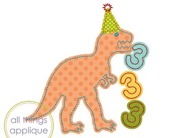 T-Rex Eating 3s Birthday Applique Design (#1116) - 4 Sizes - BIRTHDAY Applique Machine Embroidery Design - INSTANT DOWNLOAD