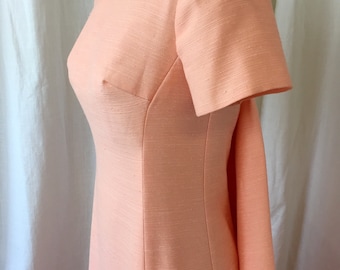 1960's MAXI dress /Neusteters /Size S / Mod 1960's Formal Dress, Peach Pink Faux Slubbed Silk/ Back Drape, Column Dress