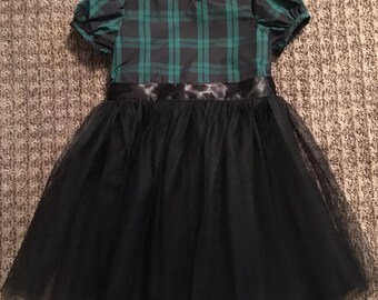 Laura dress in green and black plaid with tulle skirt