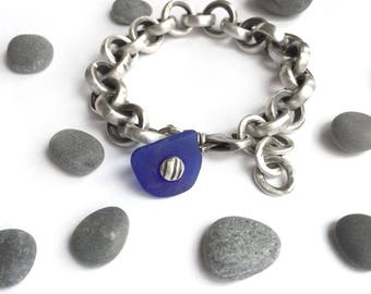 Heavy Vintage Sterling Silver Cable Chain Bracelet Cobalt Blue Seaglass Charm Recycled Upcycled Adjustable Size Swivel Clasp