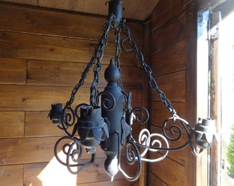 Vintage French four bulb black metal gothic chandelier electric lamp light circa 1970-80's / English Shop