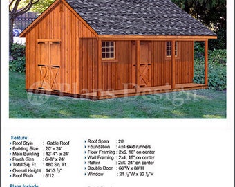 20' X 24' Shed with Porch, Guest House, Cottage or Cabin Building Plans, Material List Included #P52024
