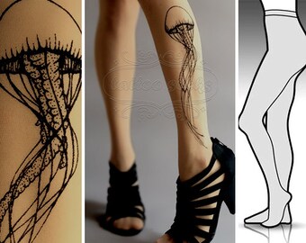 s/m Jellyfish tattoo tights / stockings / full length / pantyhose / nylons cafe latte