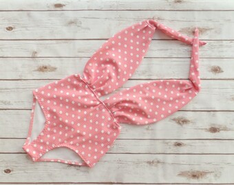 Swimsuit High Waisted Vintage Style One Piece Retro Pin-up Maillot - Amazing Peach Coral And White Polka Dot Print Bathing Suit Swimwear