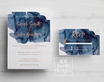 Rose gold wedding invitation printable wedding invitation design navy rose gold foil wedding invitation template watercolor rose gold foil