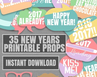 New Years Photobooth props, tropical retro color new years photo props, new year party photo props, instant download newyear diy props