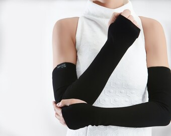 Fingerless gloves arm warmers long black gloves thumbhole sleeves arm sleeves long fingerless gloves black arm warmers gift for mom FG