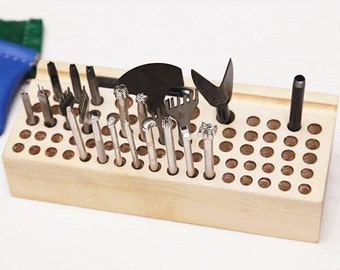 76 Holes Wood Design Stamp Organizer-Leathercrafts Tools Holder-Wooden Box-Stamp Holders-Stamp Stand-Stamping Tools Display