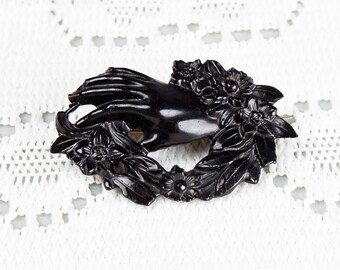 SALE Antique Victorian Vulcanite Hand and Wreath Mourning Brooch