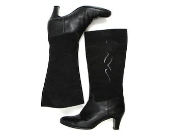80s Size 9 Black Leather Boots | Cut Out Suede Boots | La Vallie, Made in Canada
