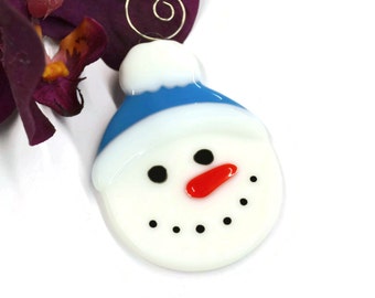 Snowman Christmas Ornament, Fused Glass, Christmas Decor, Tree Decor, Snowman Ornament, Light Blue, Hand Painted