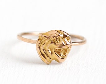 Antique Tiger Ring - 14k Rosy Yellow Gold Figural Stick Pin Conversion - Size 4 1/2 Vintage Edwardian Animal Fine Fierce Cat Jewelry