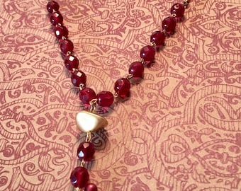 Long red necklace, Valentines Day, red and gold, extra long necklace, red beaded necklace, handmade jewelry, gift for her