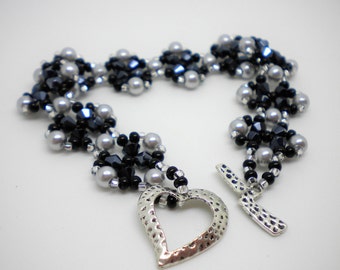 Black Crystal and Silver Pearl Bracelet, Black & Silver, Beadwoven Bracelet, Black And Silver Crystal Flower,Beadwork, Beadwoven, Gifts