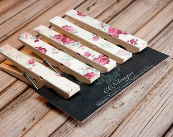 Pink Floral Clothespin Magnets, Set of 5