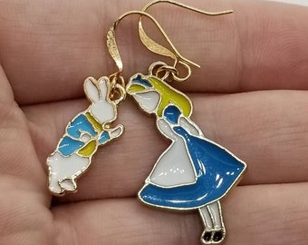 Alice in Wonderland Earrings, Mismatched Earrings, Alice in Wonderland Jewelry, Alice and White Rabbit Earrings, White Rabbit Earrings