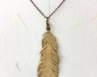 Tan/Light Brown Suede Leather Feather Necklace Pendant