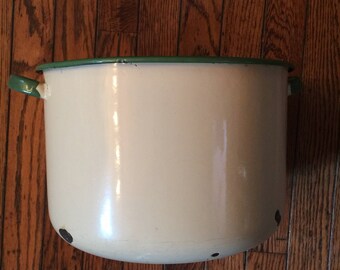 Vintage Enamelware Cream and Green Stock Pot