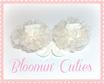 Little Miss Aynslee Ivory Organza on IVORY Socks Newborn Infant Toddlers and Girls Super RUFFLE SOCKS by Bloomin Cuties