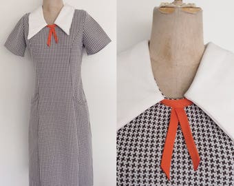 1970's Brown & White Houndstooth Dress Size Medium by Maeberry a Vintage