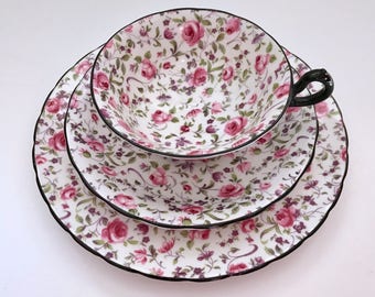 Royal Chelsea Trio Du Barry/Briar Rose Chintz China Tea Cup, Saucer & Plate