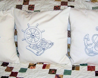 Nautical Pillow Cover-Anchor-Ship Wheel-Compass-Boat Pillow Cover-Handmade