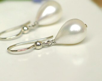 Teardrop Pearl Earrings | White Freshwater Pearls | Sterling Silver Beaded Shepherd Hook Dangles | Birthday | Everyday Pearl | Ready to Ship