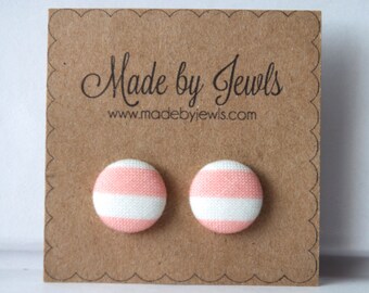 Pink and White Striped Fabric Covered Hypoallergenic Button Post Stud Earrings 10mm