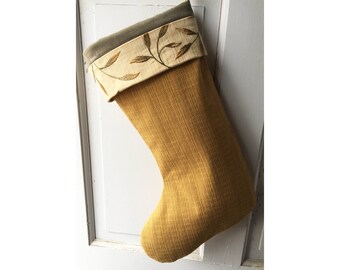 Gold Leaves Christmas Stocking Heirloom Holiday Decor Ready to Ship
