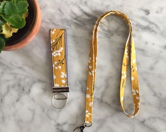 Mustard Yellow Floral Pattern Lanyard- Teacher Lanyard- Floral Lanyard- Blue and White Lanyard