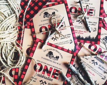 Lumberjack First Birthday Invitation, buffalo plaid, axes and antlers
