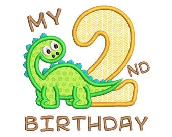 2nd Birthday Dinosaur Machine Embroidery Applique Design, 2nd Birthday Machine Embroidery, Dino, Cute Dinosaur, Instant Download, FA510-18