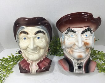 Vintage Royal Copley Colonial Man & Woman Wall Pockets/ Head Vases 1940's