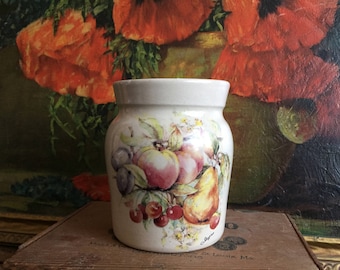 Fruit Vase Small Pottery Vintage Yesteryears Marshall Texas USA Handturned Beige Tan Apple Pear Yellow Red Farmhouse Kitchen