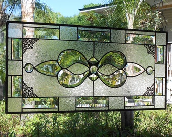 Beveled Stained Glass Panel, Traditional Crystal / Frosted Stained Glass Transom Window, Vintage Stained Glass Window, Antique Glass Valance