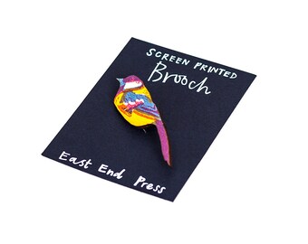 Blue Tit Wooden Screen Printed Brooch - pin badge