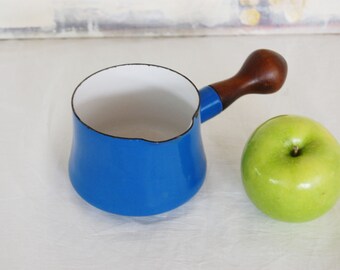 Vintage Dansk Kobenstyle Jens Quistgaard Small Blue Enamel Saucepan Butter Warmer with Wooden Handle Made in France