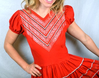 Vintage 1950s 50s Red Western Fashions Denver Colorado Dress - Squaw Patio Rockabilly