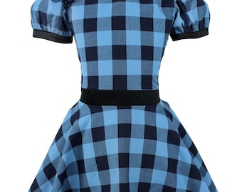 SALE!!1950s Girl's Blue and Black Plaid Dress