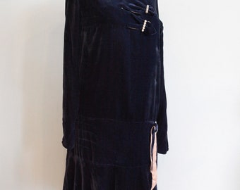 Vintage 1920s Blue Silk Velvet Flapper Dress - Size XS