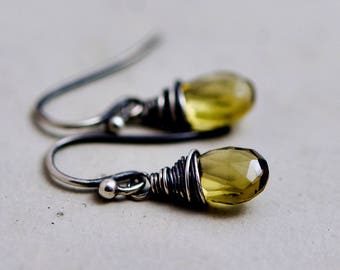 Quartz Earrings, Olive Quartz Jewelry, Drop Earrings, Wire Wrapped, Sterling Silver, November Birthstone, Birthstone Earrings , PoleStar