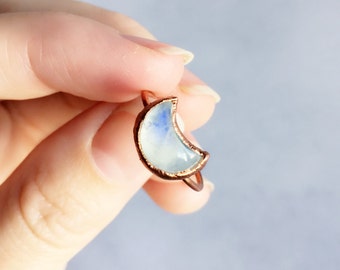 Moon Moonstone Ring | Rainbow Moonstone Ring | Copper Ring | Moon Gemstone Ring | Crescent Moon Ring | Electroformed Ring | Gift for Women