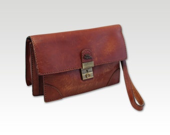 Vintage, Brown Leather Clutch, Wristlet, Purse, Handbag
