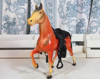 Vintage Plastic Toy Horse with Saddle 8 1/2" x 8"