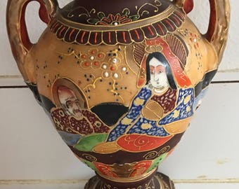 Antique Setsuma Moriage Immortals Raised Decoration 8" Vase