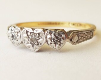 Art Deco Trilogy Diamond Heart Ring, 18 Carat Gold Platinum and Diamond Engagement Ring Approx. Size US 6