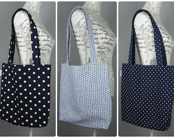 A4 book tote shopping bag - made in a cotton fabric in various spot designs